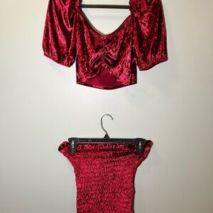 velvet set with off shoulder top and skirt
